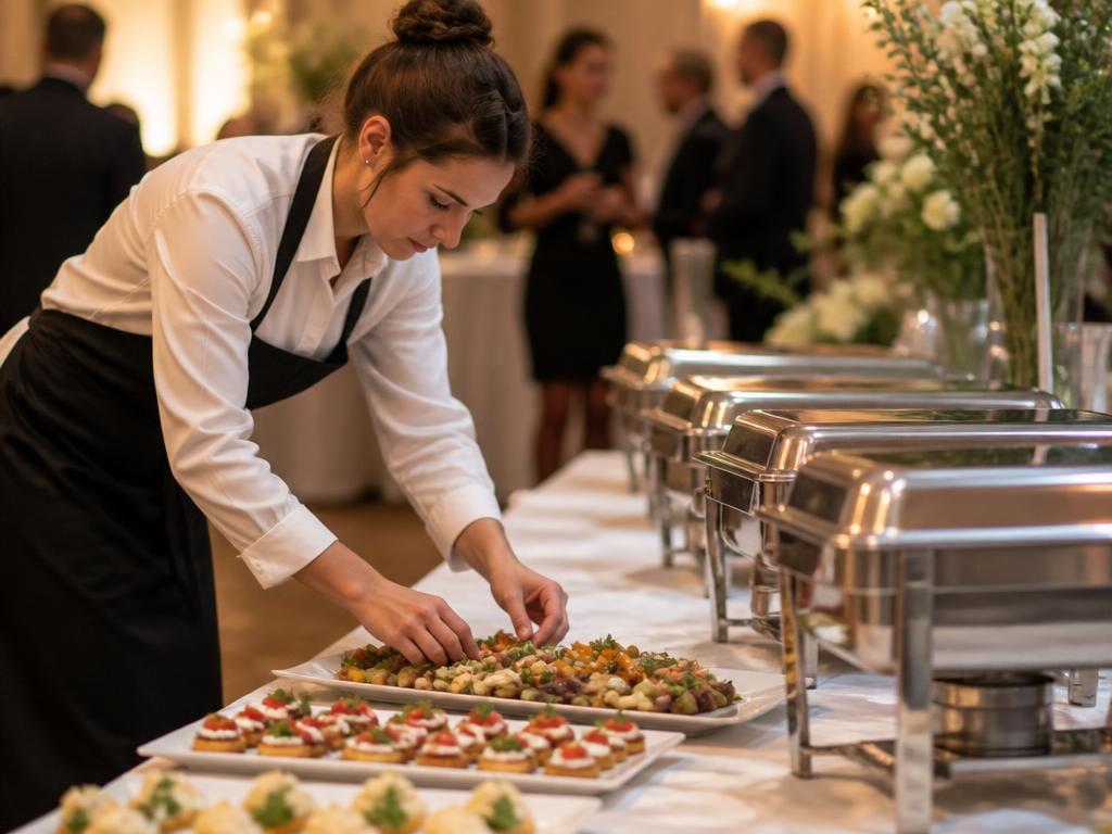 A caterer arranging appetizer platters along an event buffet