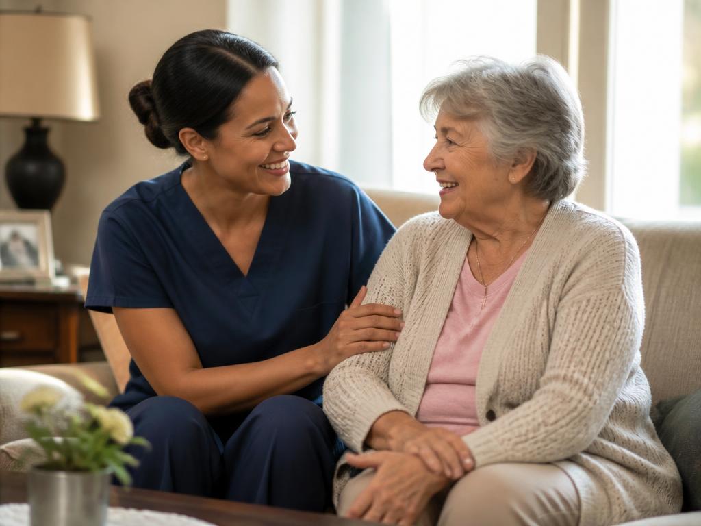 A home care aide sitting with a smiling older client in her living room