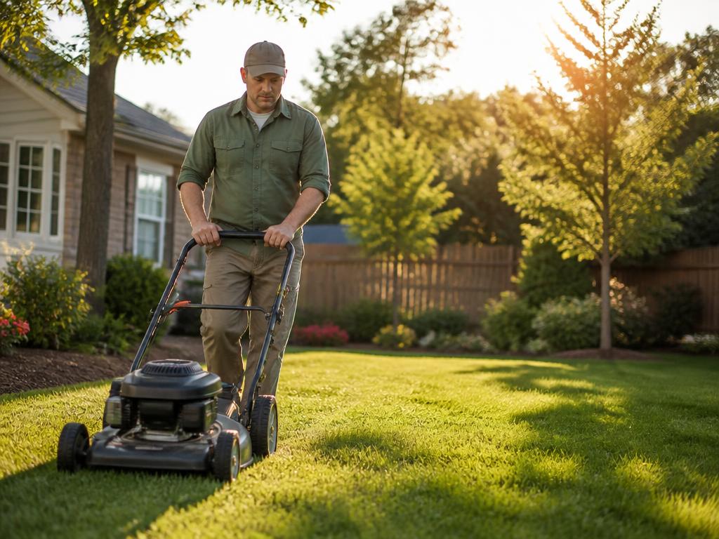 A lawn care pro mowing a green suburban lawn in late day sun