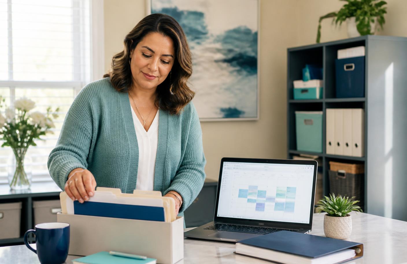 A home-care agency owner organizing caregiver files beside a scheduling screen