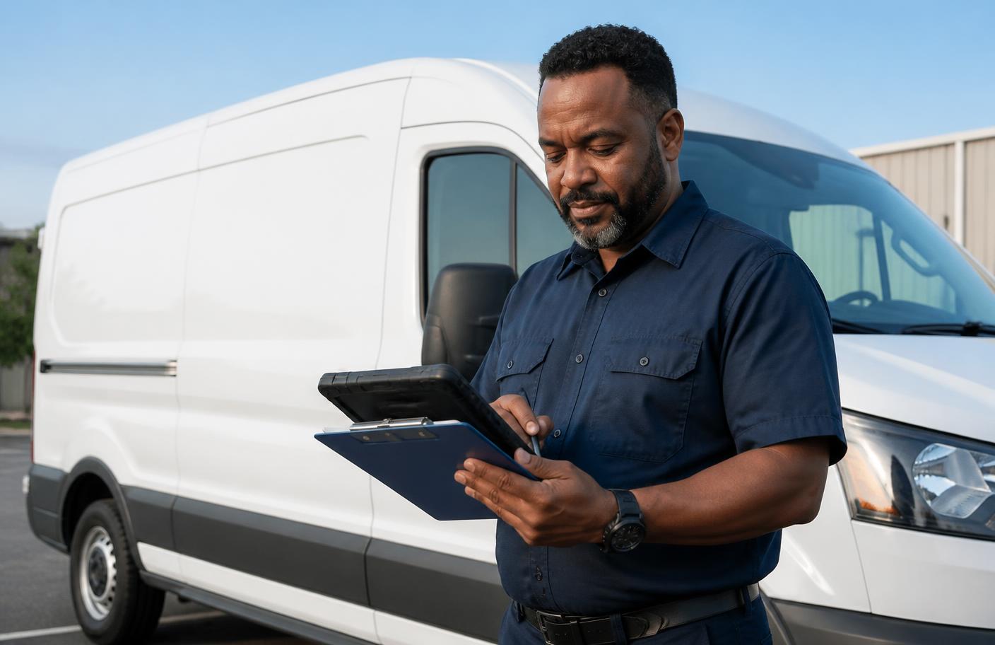 A transportation business owner reviewing paperwork on a tablet beside a cargo van