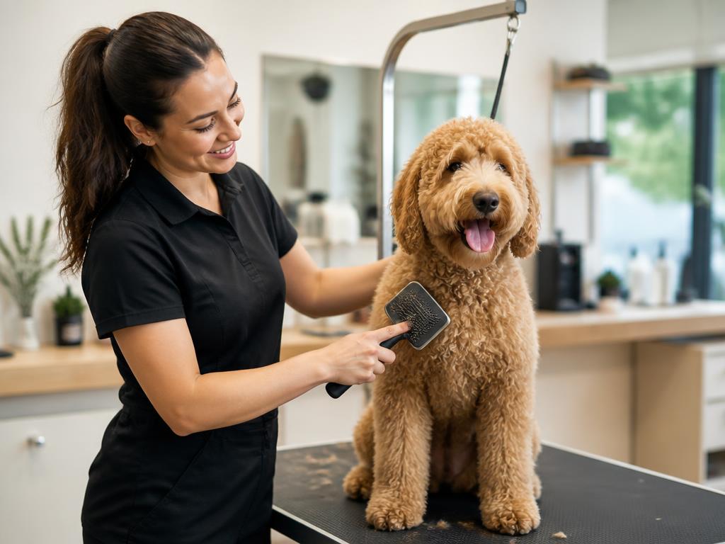 A groomer brushing a happy doodle on a grooming table
