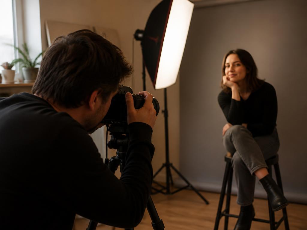 A photographer shooting a portrait session in a small studio