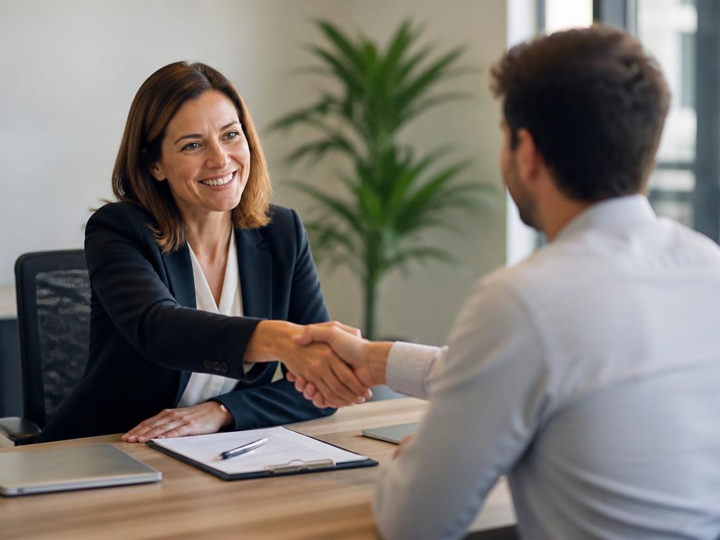 A recruiter shaking hands with a candidate across an office desk